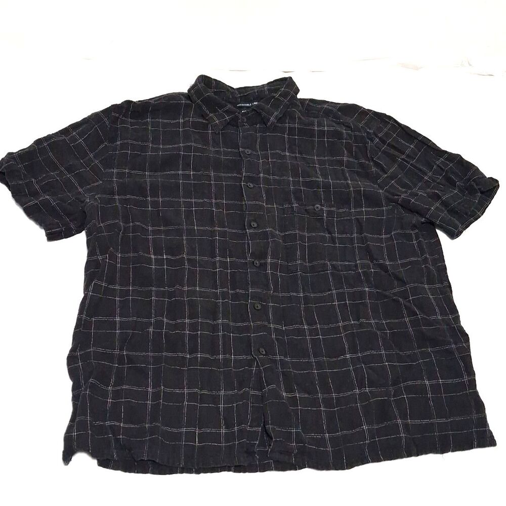 Bruno 2X big Mens black linen blend short sleeve plaid button up shirt Casual